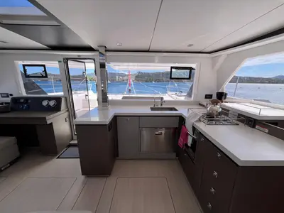 Galley of Chrispy 2, a Leopard 45 catamaran at Cannigione, Italy