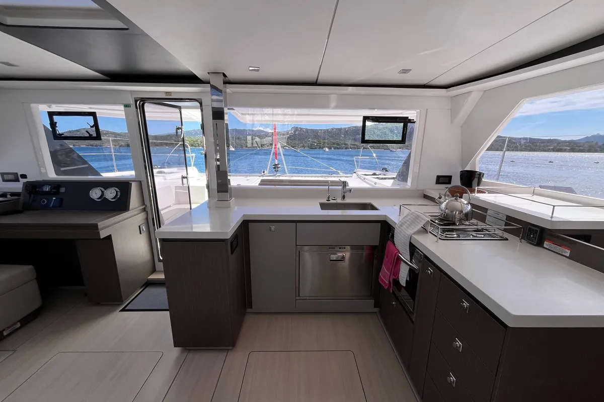 Galley of Chrispy 2, a Leopard 45 catamaran at Cannigione, Italy
