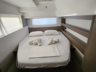Cabin on Chrispy 2, a Leopard 45 catamaran at Cannigione, Italy