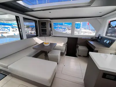 Salon of Chrispy 2, a Leopard 45 catamaran at Cannigione, Italy