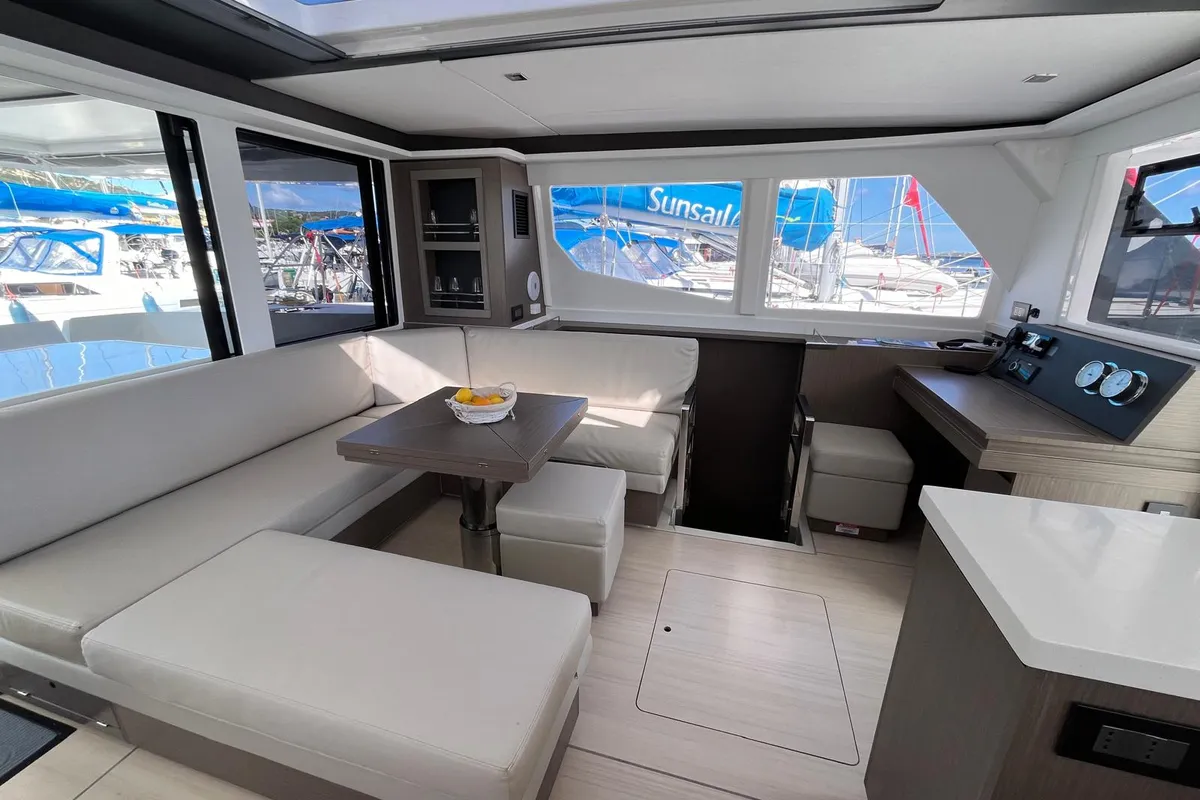 Salon of Chrispy 2, a Leopard 45 catamaran at Cannigione, Italy