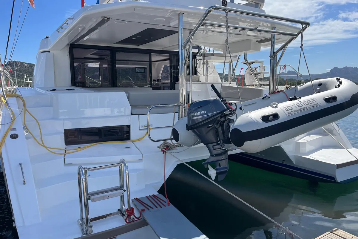 Exterior view of Chrispy 2, a Leopard 45 catamaran at Cannigione, Italy