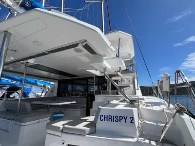 Deck of Chrispy 2, a Leopard 45 catamaran at Cannigione, Italy