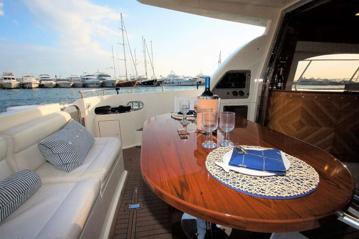 Deck of Linda II, a Azimut 58 motorboat at Glyfada, Greece