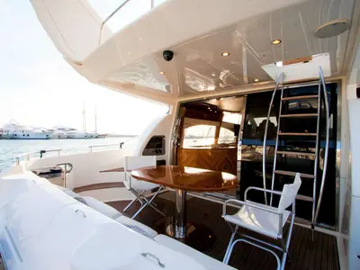 Deck of Linda II, a Azimut 58 motorboat at Glyfada, Greece