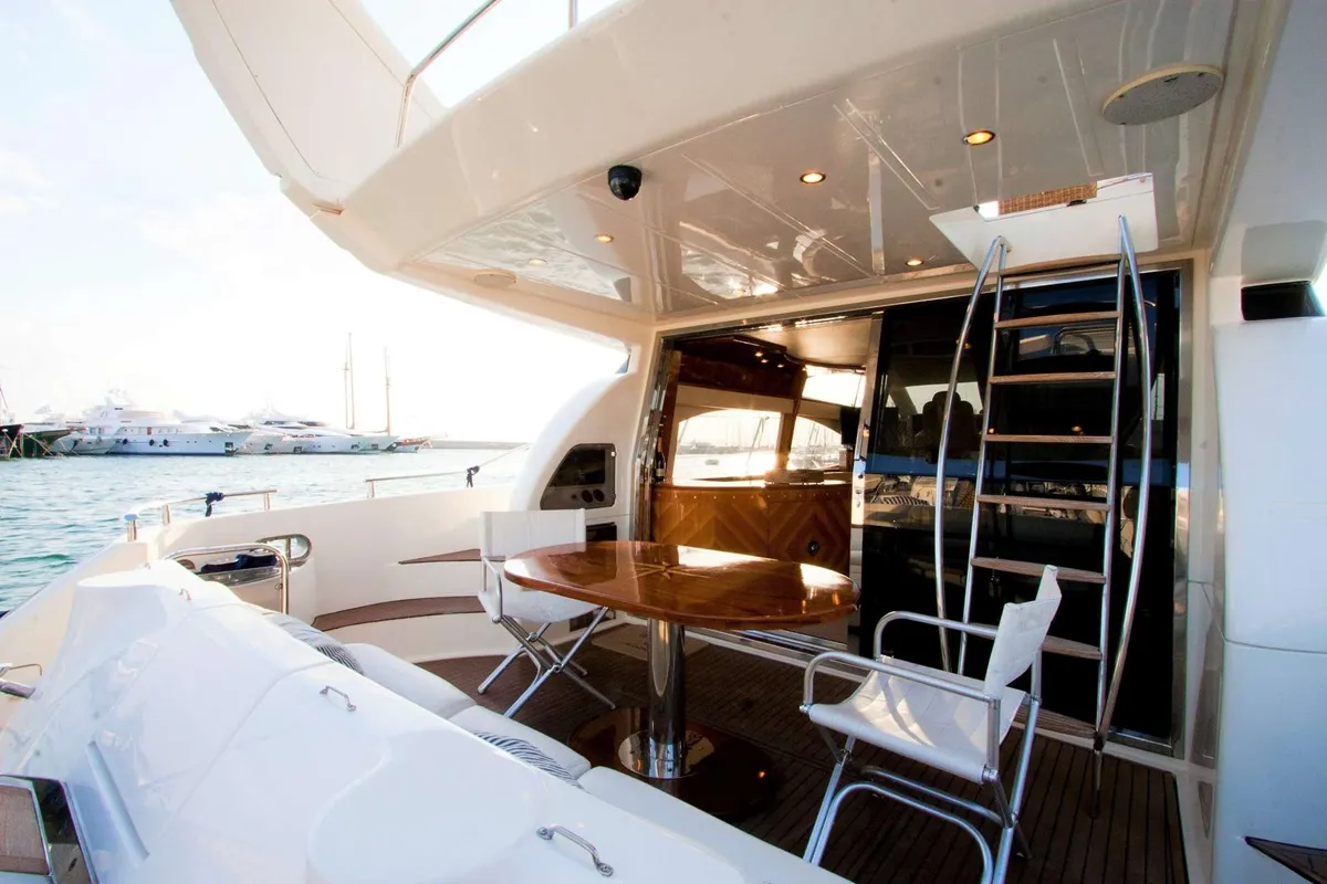 Deck of Linda II, a Azimut 58 motorboat at Glyfada, Greece