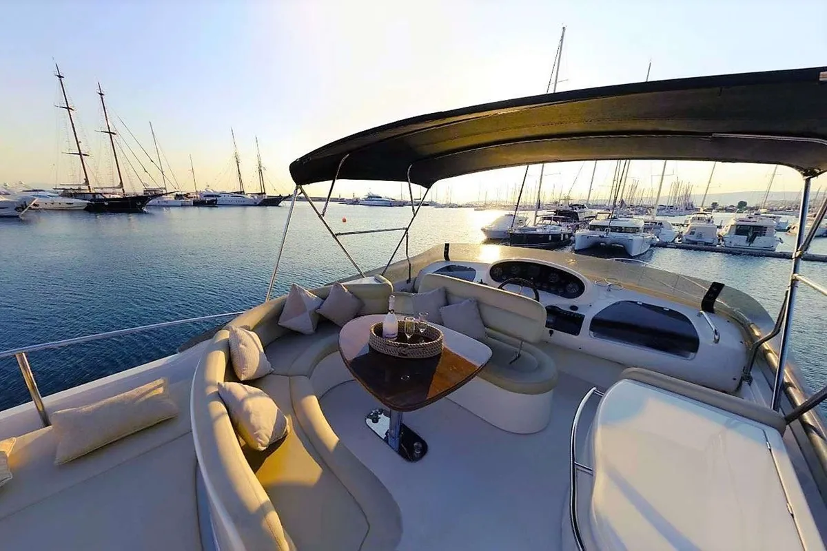 Deck of Linda II, a Azimut 58 motorboat at Glyfada, Greece