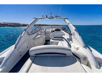 Deck of Pompa, a Sunseeker Hawk 34 motorboat at Ibiza, Spain