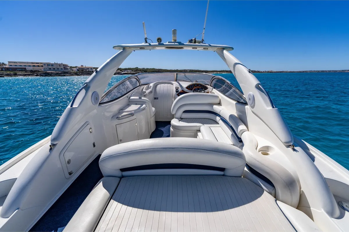 Deck of Pompa, a Sunseeker Hawk 34 motorboat at Ibiza, Spain