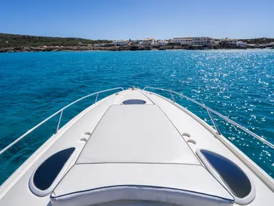 Deck of Pompa, a Sunseeker Hawk 34 motorboat at Ibiza, Spain