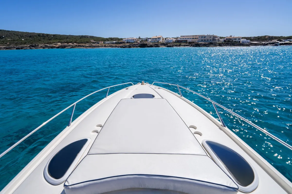 Deck of Pompa, a Sunseeker Hawk 34 motorboat at Ibiza, Spain