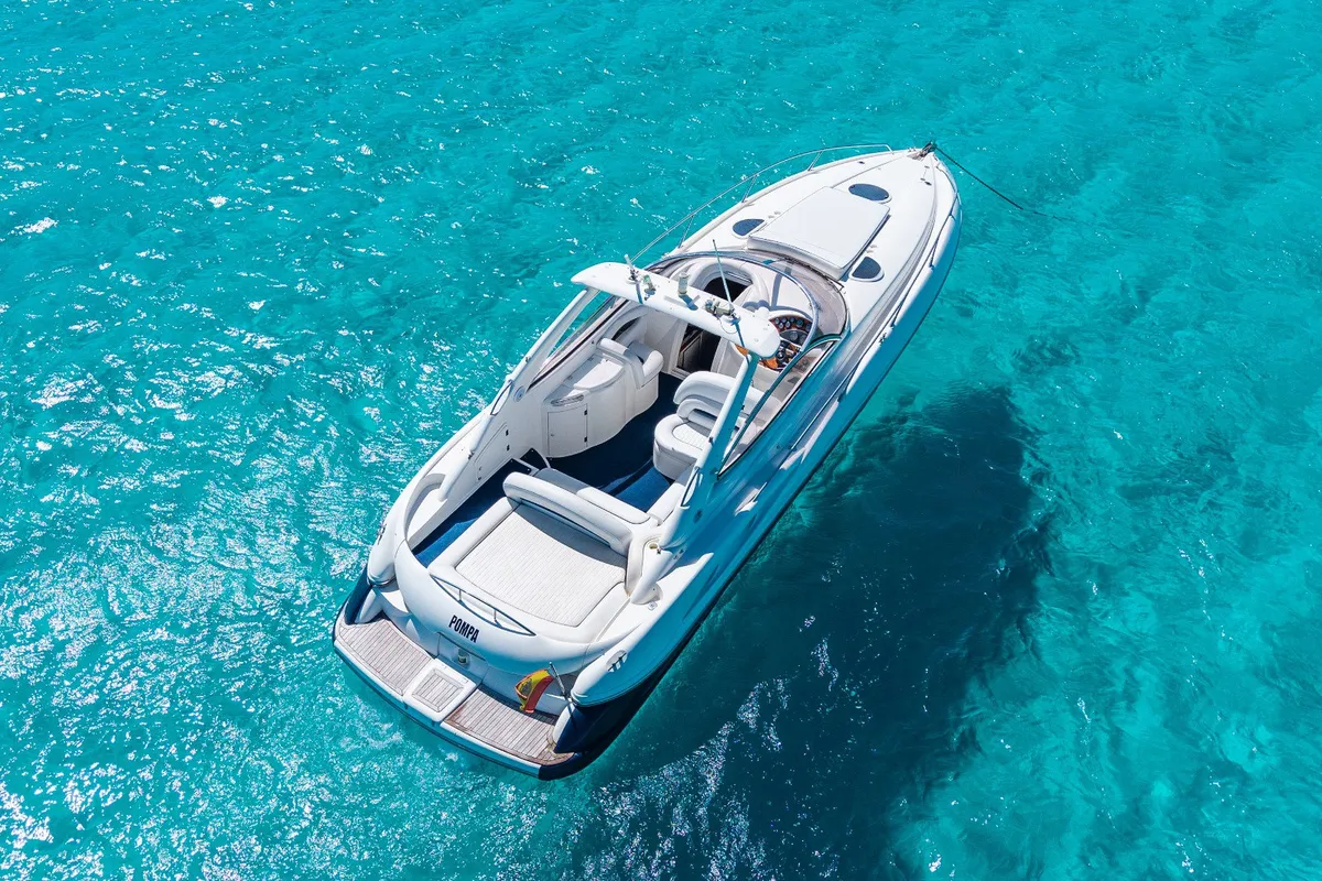 Exterior view of Pompa, a Sunseeker Hawk 34 motorboat at Ibiza, Spain