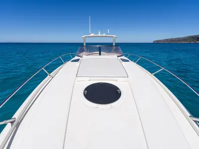 Deck of Pompa, a Sunseeker Hawk 34 motorboat at Ibiza, Spain