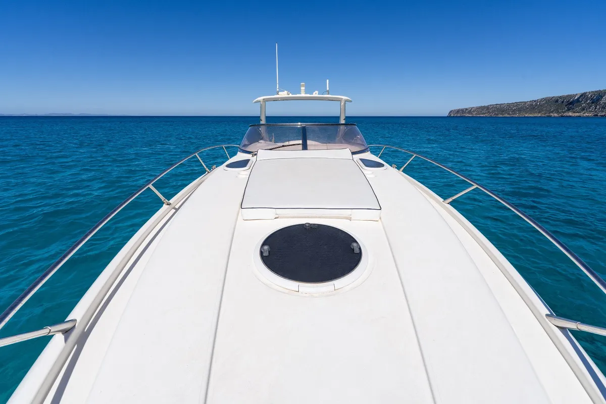 Deck of Pompa, a Sunseeker Hawk 34 motorboat at Ibiza, Spain