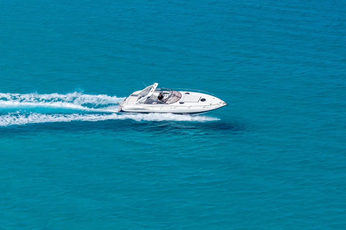 Exterior view of Pompa, a Sunseeker Hawk 34 motorboat at Ibiza, Spain
