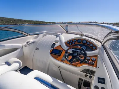 Cockpit of Pompa, a Sunseeker Hawk 34 motorboat at Ibiza, Spain