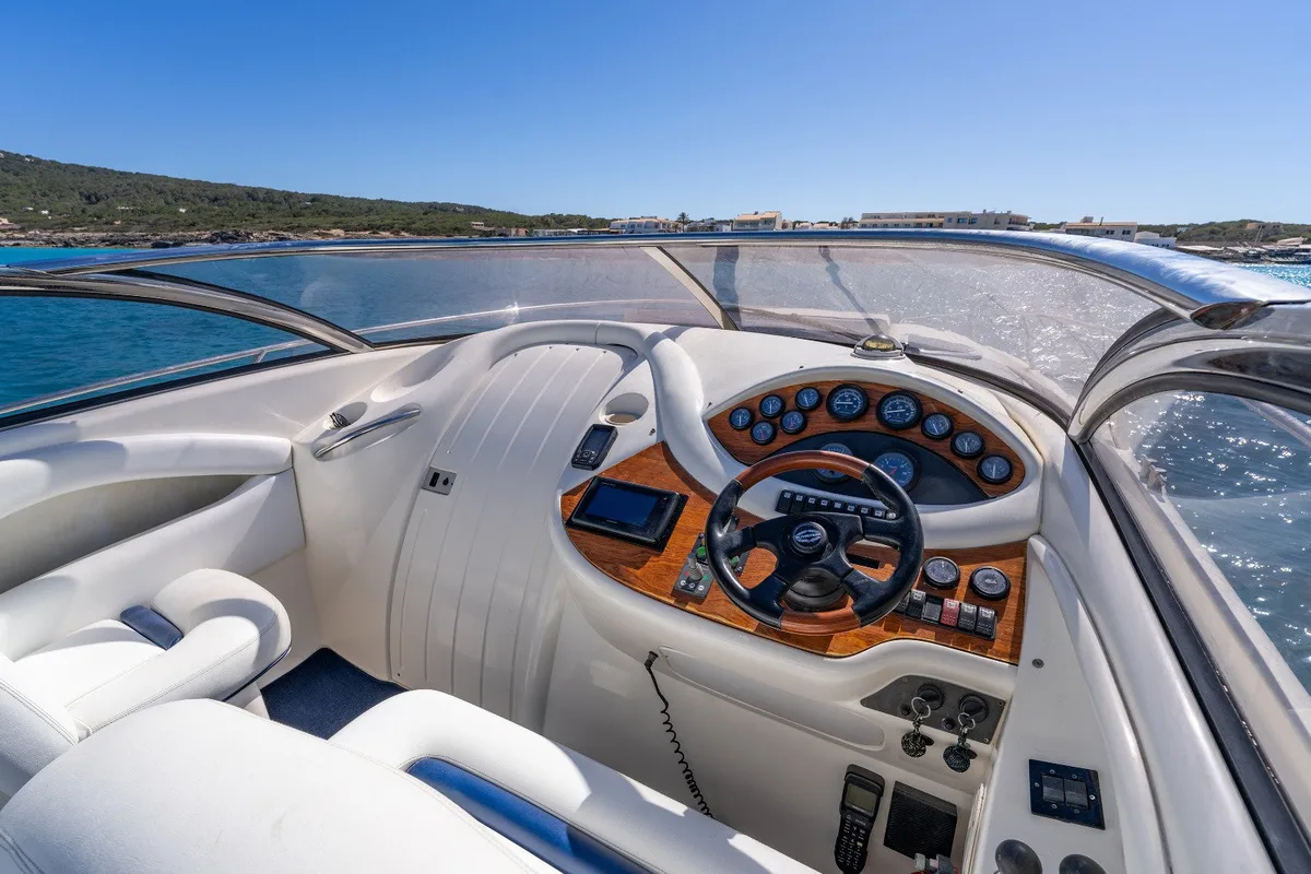 Cockpit of Pompa, a Sunseeker Hawk 34 motorboat at Ibiza, Spain