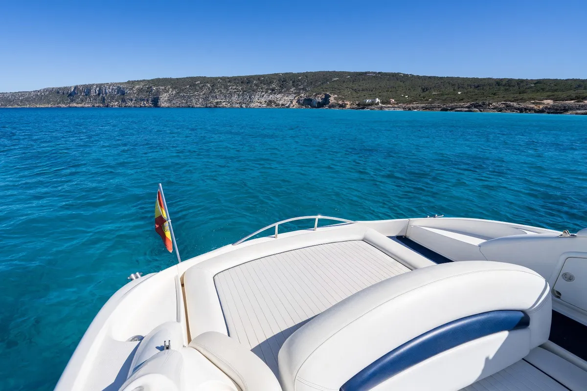 Deck of Pompa, a Sunseeker Hawk 34 motorboat at Ibiza, Spain