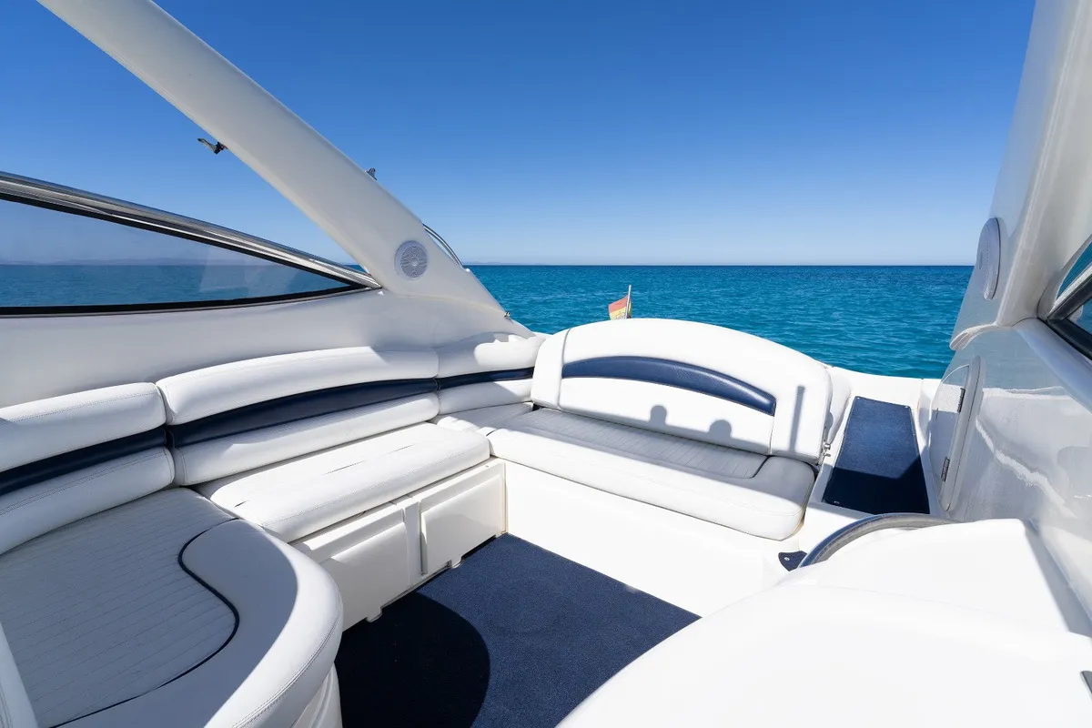 Deck of Pompa, a Sunseeker Hawk 34 motorboat at Ibiza, Spain