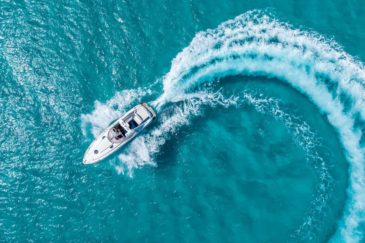 Exterior view of Pompa, a Sunseeker Hawk 34 motorboat at Ibiza, Spain