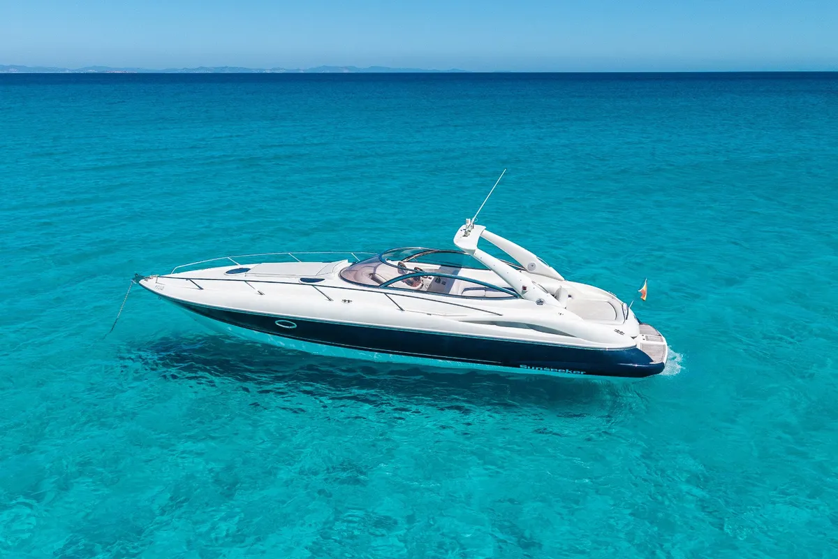 Exterior view of Pompa, a Sunseeker Hawk 34 motorboat at Ibiza, Spain