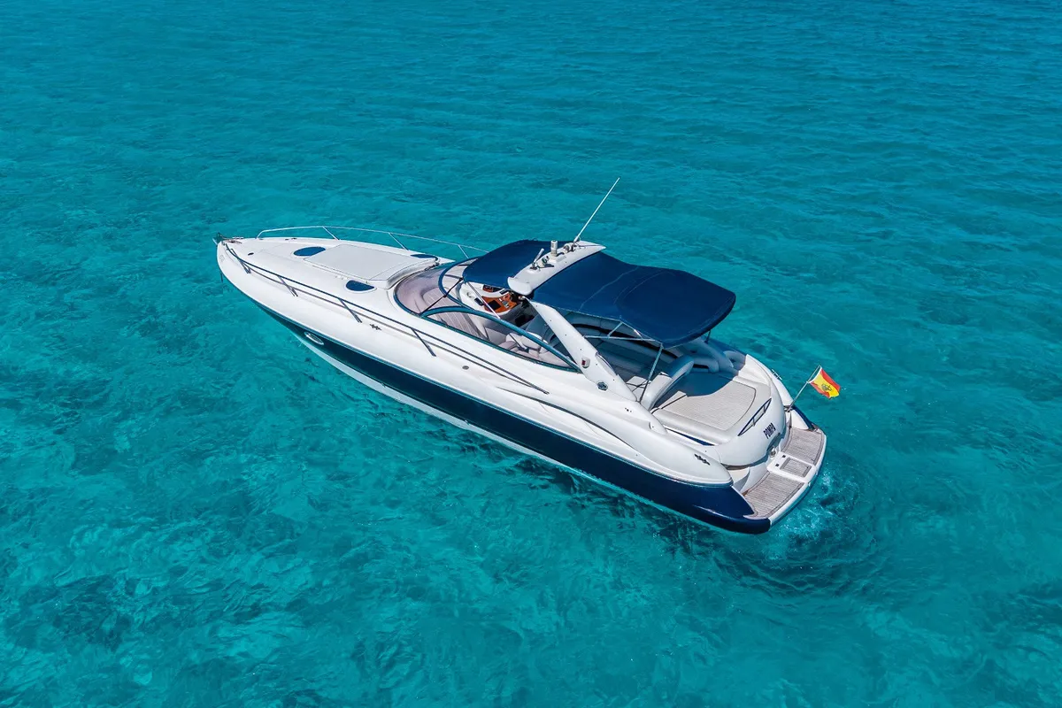 Exterior view of Pompa, a Sunseeker Hawk 34 motorboat at Ibiza, Spain