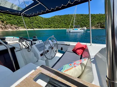 Cockpit of Spindrift, a Fountaine Pajot Elba 45 catamaran at Parham Town, British Virgin Islands