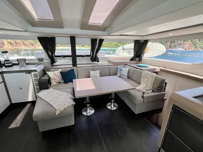 Salon of Spindrift, a Fountaine Pajot Elba 45 catamaran at Parham Town, British Virgin Islands
