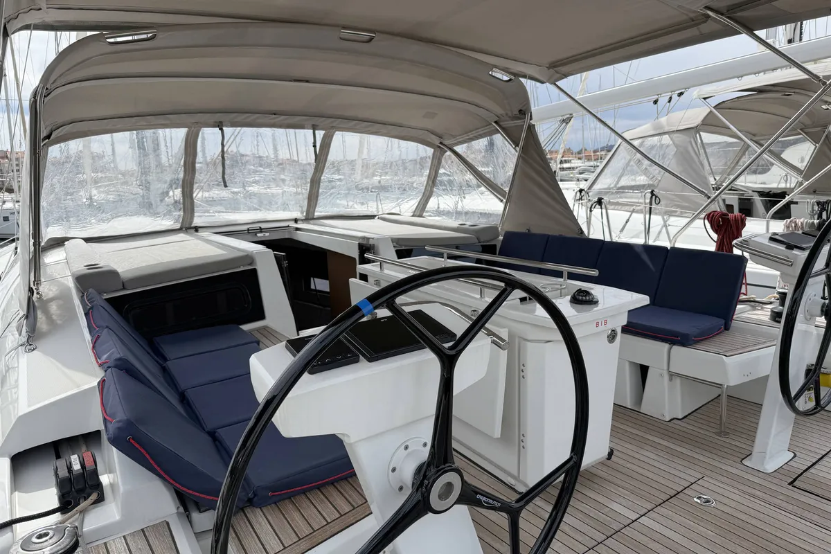 Cockpit of Artemis, a Beneteau Oceanis 46.1 sailboat at Općina Rogoznica, Croatia