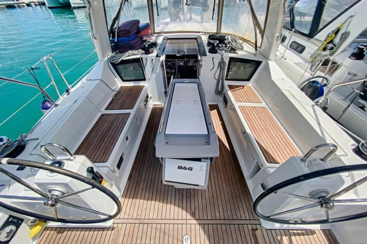 Cockpit of Peace, a Beneteau Oceanis 41.1 sailboat at Municipal Unit of Lefkada, Greece