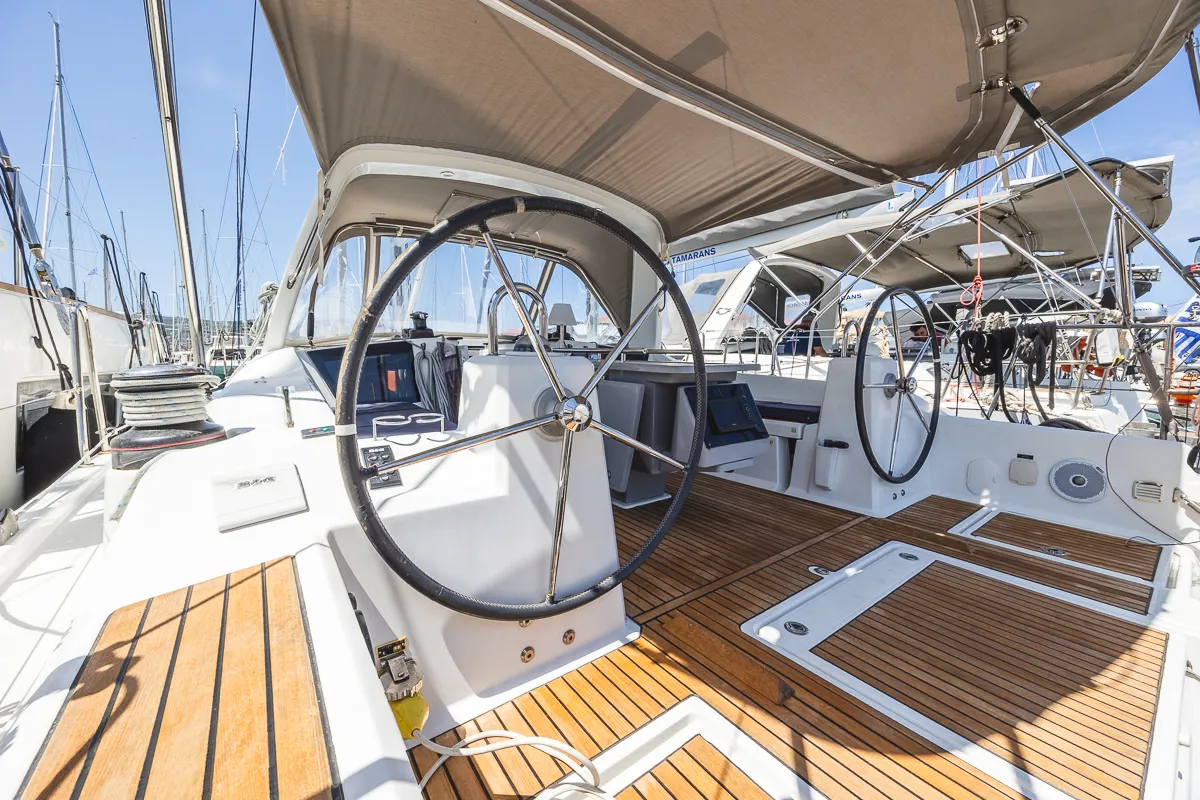 Cockpit of Peace, a Beneteau Oceanis 41.1 sailboat at Municipal Unit of Lefkada, Greece