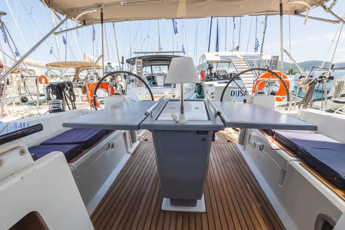 Cockpit of Peace, a Beneteau Oceanis 41.1 sailboat at Municipal Unit of Lefkada, Greece
