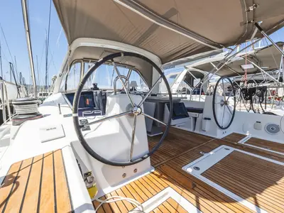 Cockpit of Peace, a Beneteau Oceanis 41.1 sailboat at Municipal Unit of Lefkada, Greece