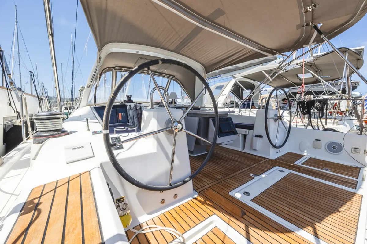 Cockpit of Peace, a Beneteau Oceanis 41.1 sailboat at Municipal Unit of Lefkada, Greece