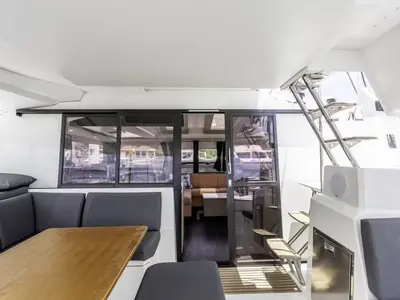Deck of Nauti Intentions, a Fountaine Pajot Elba 45 catamaran at Road Town, British Virgin Islands