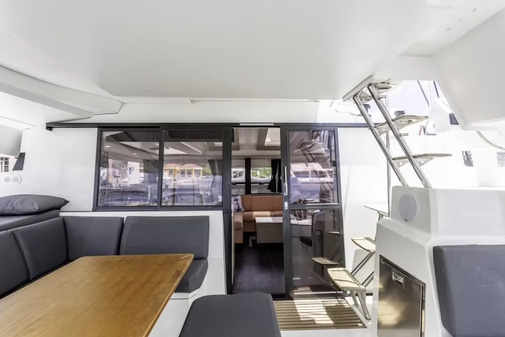 Deck of Nauti Intentions, a Fountaine Pajot Elba 45 catamaran at Road Town, British Virgin Islands