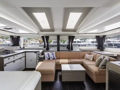 Salon of Nauti Intentions, a Fountaine Pajot Elba 45 catamaran at Road Town, British Virgin Islands