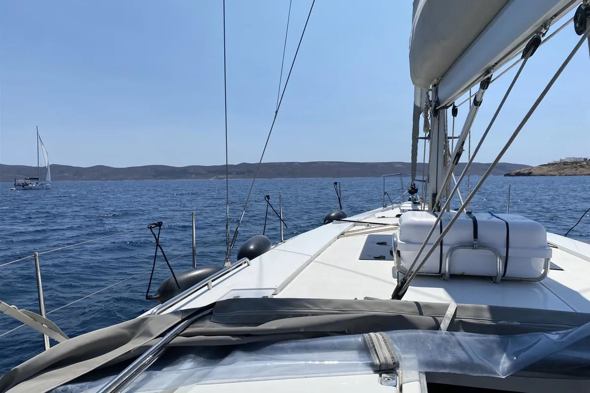 Deck of Edelweiss, a Hanse 458 sailboat at Municipal Unit of Lefkada, Greece