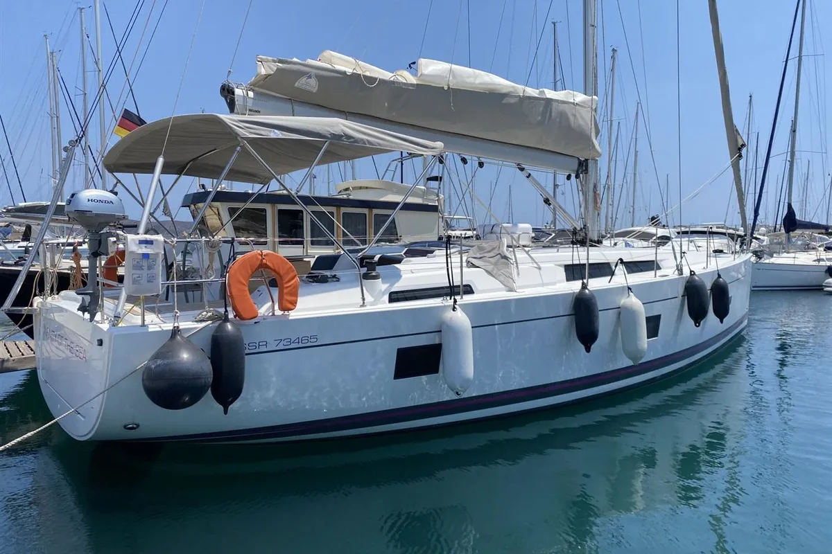 Exterior view of Edelweiss, a Hanse 458 sailboat at Municipal Unit of Lefkada, Greece