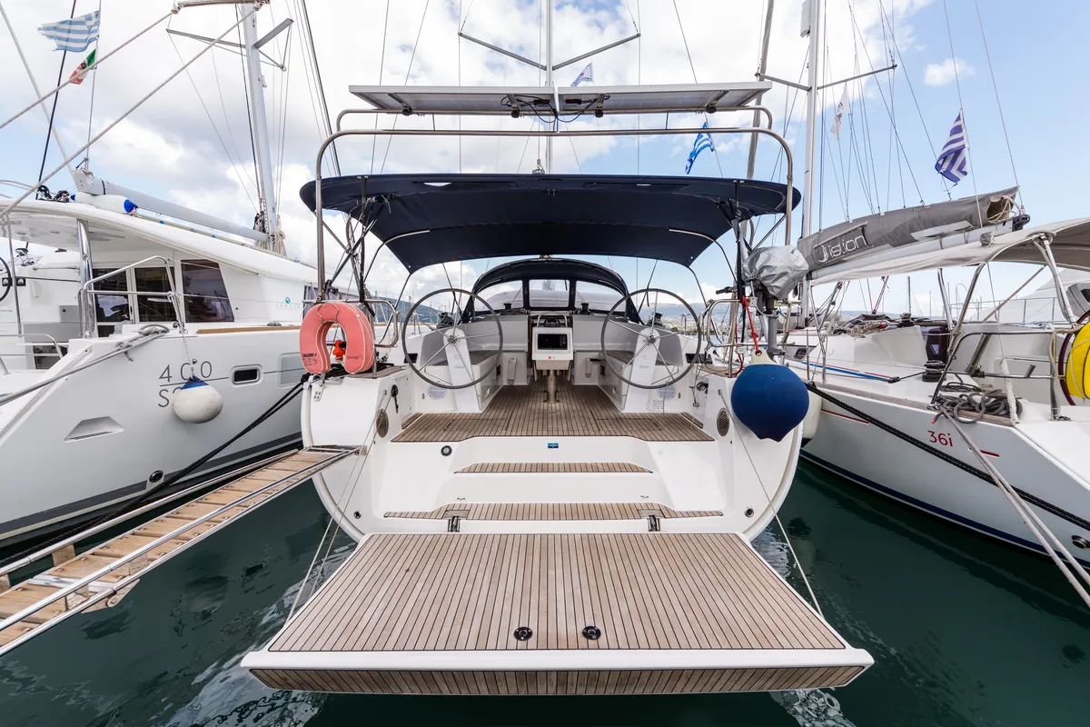 Exterior view of Morning Star, a Bavaria Cruiser 46 sailboat at Nea Peramos, Greece