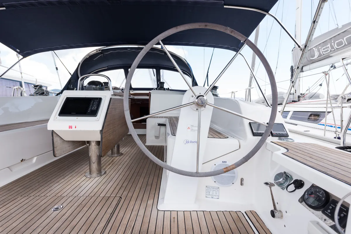 Cockpit of Morning Star, a Bavaria Cruiser 46 sailboat at Nea Peramos, Greece