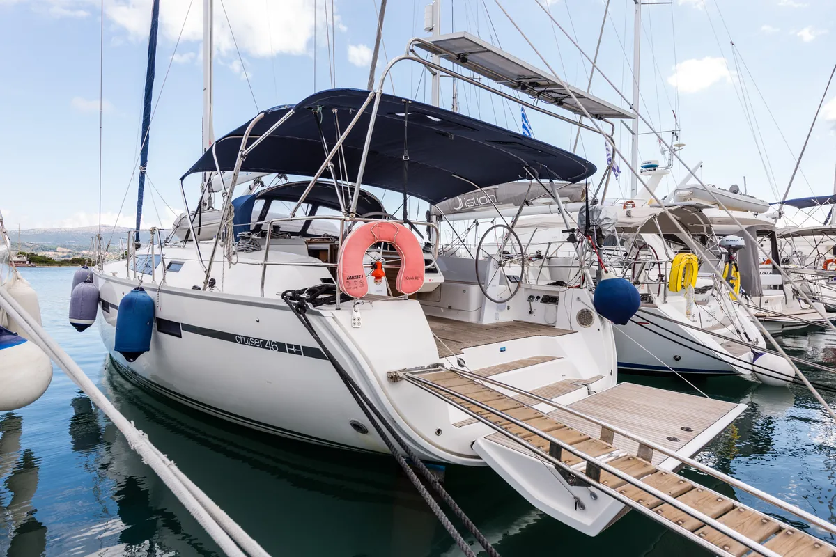 Exterior view of Morning Star, a Bavaria Cruiser 46 sailboat at Nea Peramos, Greece