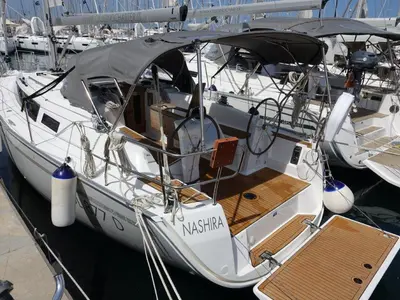 Deck of Nashira, a Bavaria Cruiser 34 sailboat at Olbia, Italy