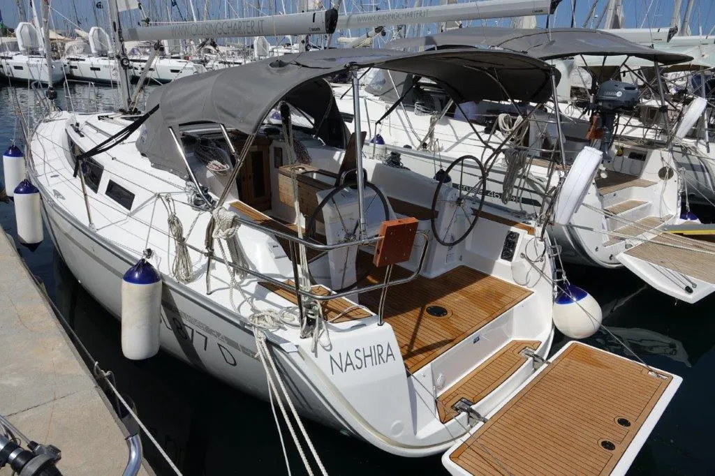 Deck of Nashira, a Bavaria Cruiser 34 sailboat at Olbia, Italy