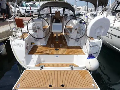 Cockpit of Nashira, a Bavaria Cruiser 34 sailboat at Olbia, Italy