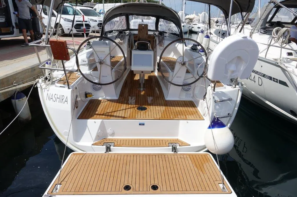 Cockpit of Nashira, a Bavaria Cruiser 34 sailboat at Olbia, Italy