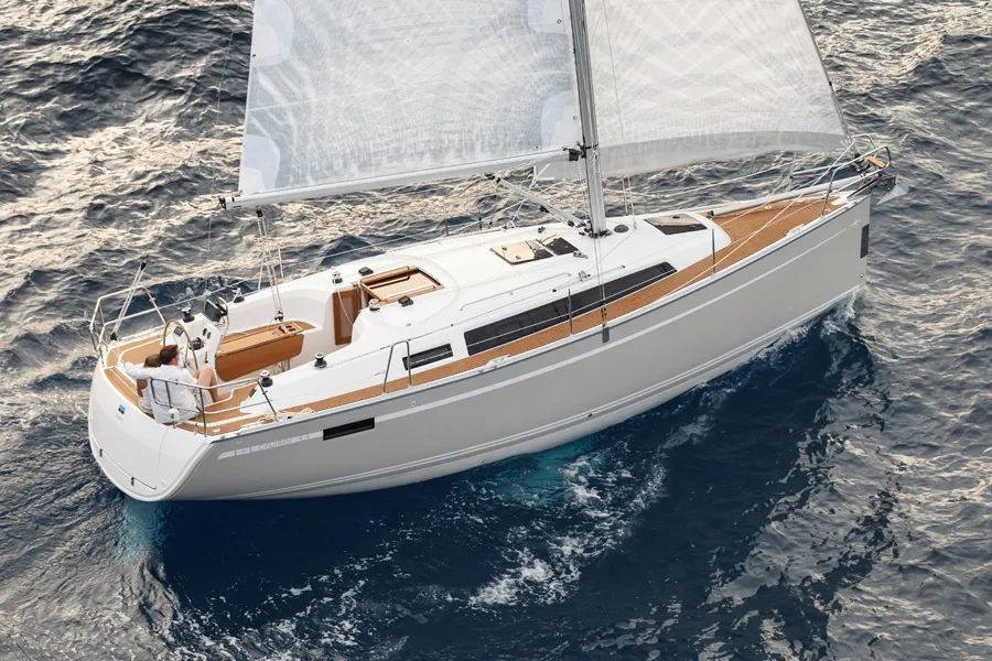 Exterior view of Nashira, a Bavaria Cruiser 34 sailboat at Olbia, Italy