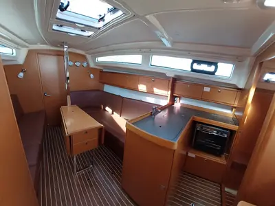 Salon of Nashira, a Bavaria Cruiser 34 sailboat at Olbia, Italy