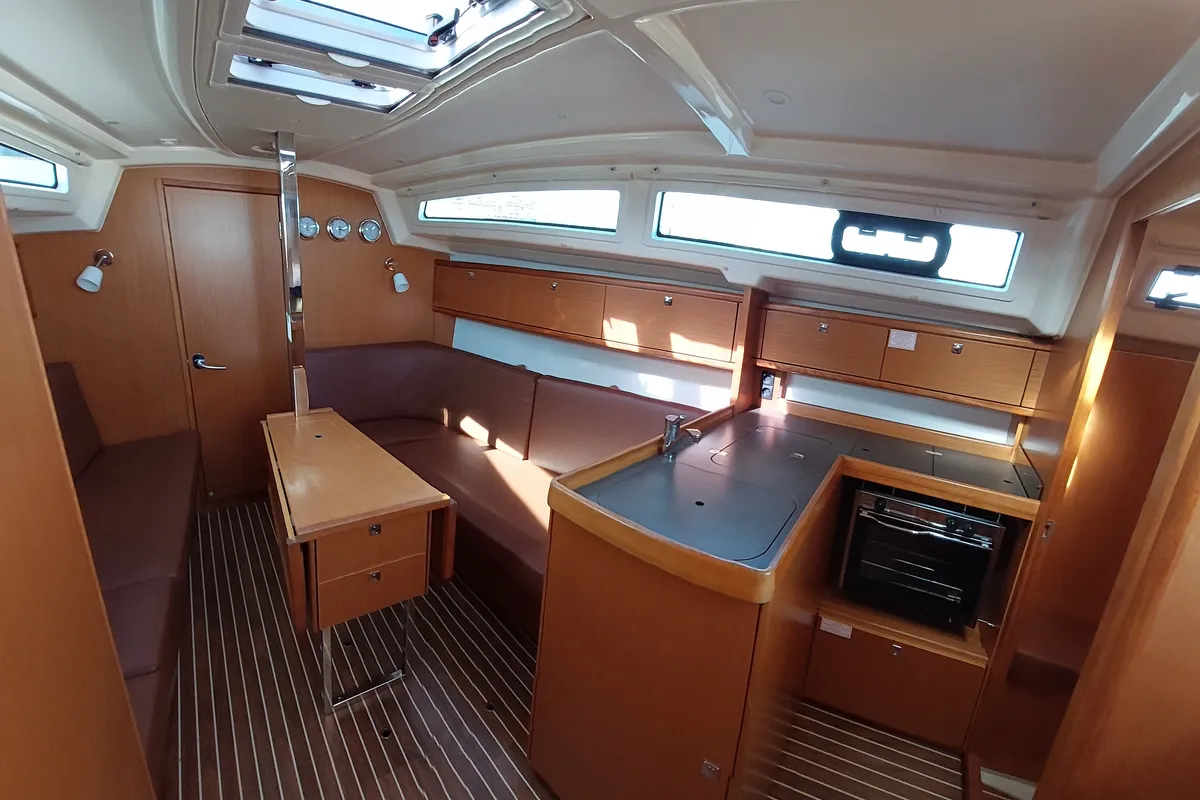 Salon of Nashira, a Bavaria Cruiser 34 sailboat at Olbia, Italy