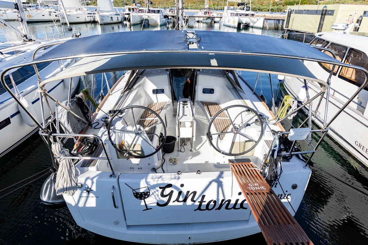 Cockpit of Gin Tonic, a Jeanneau Sun Odyssey 349 sailboat at Punat, Croatia
